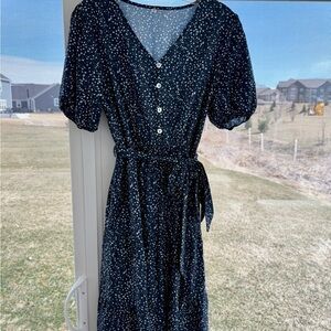 Petallush Navy Floral Button-Front Midi Dress with Tie Waist